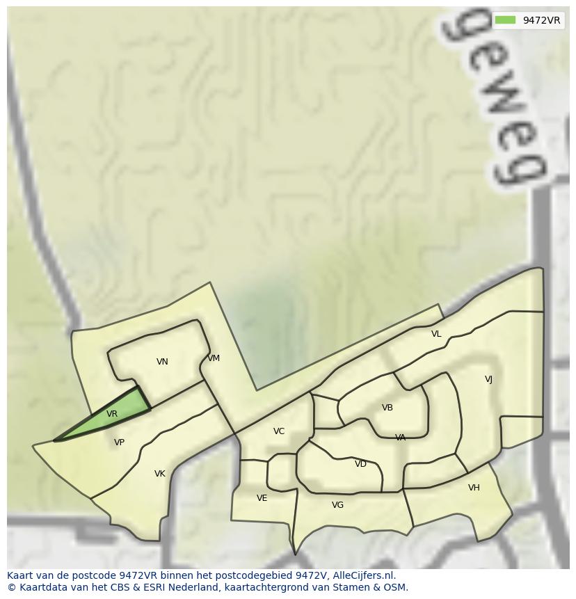 Afbeelding van het postcodegebied 9472 VR op de kaart.