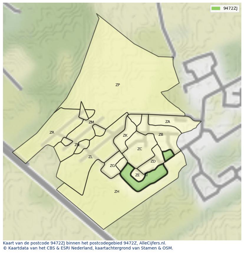 Afbeelding van het postcodegebied 9472 ZJ op de kaart.