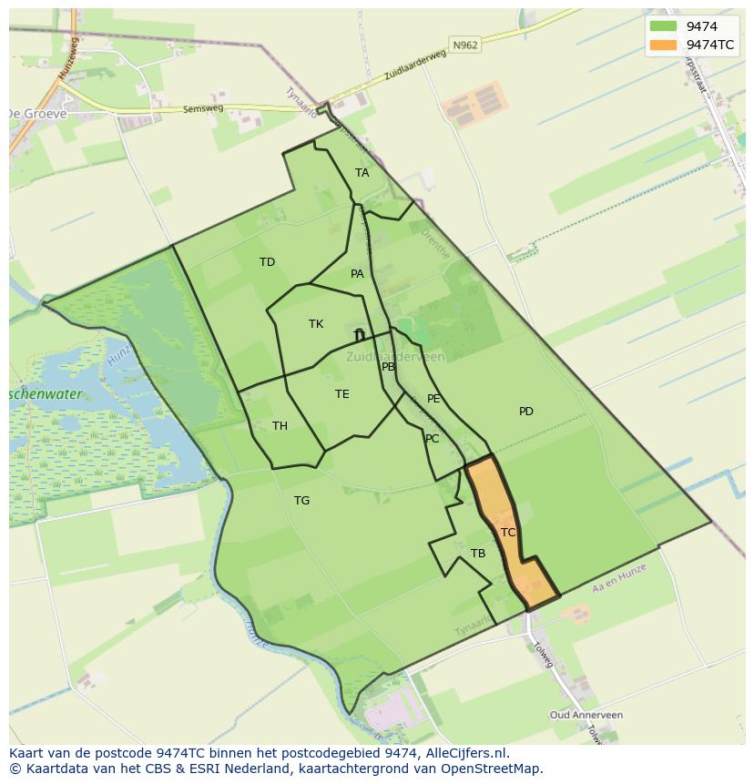 Afbeelding van het postcodegebied 9474 TC op de kaart.