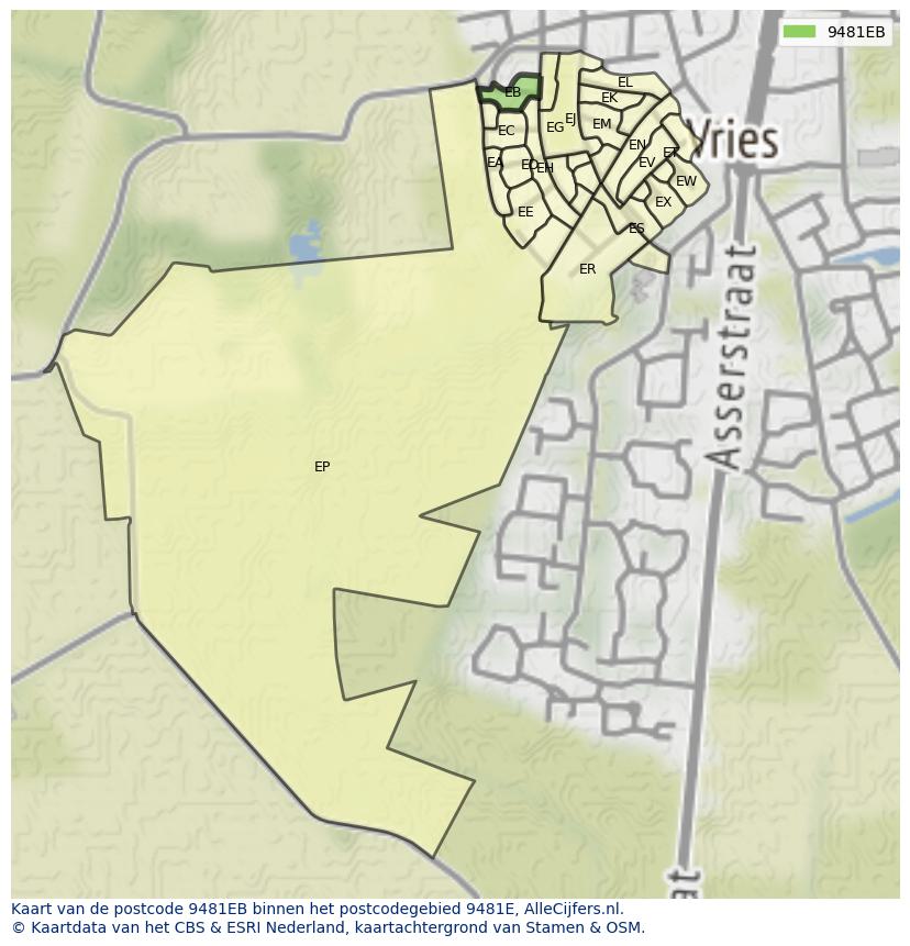Afbeelding van het postcodegebied 9481 EB op de kaart.