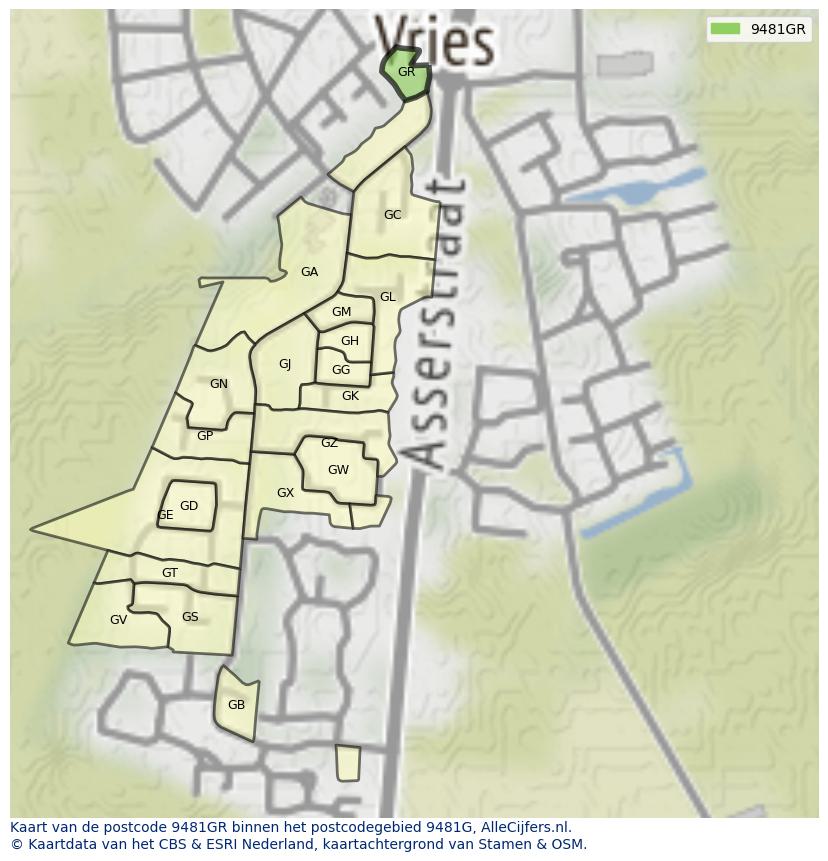Afbeelding van het postcodegebied 9481 GR op de kaart.