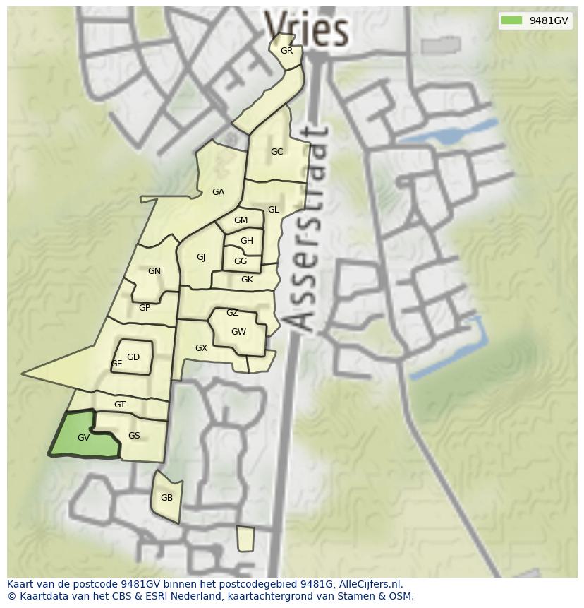 Afbeelding van het postcodegebied 9481 GV op de kaart.