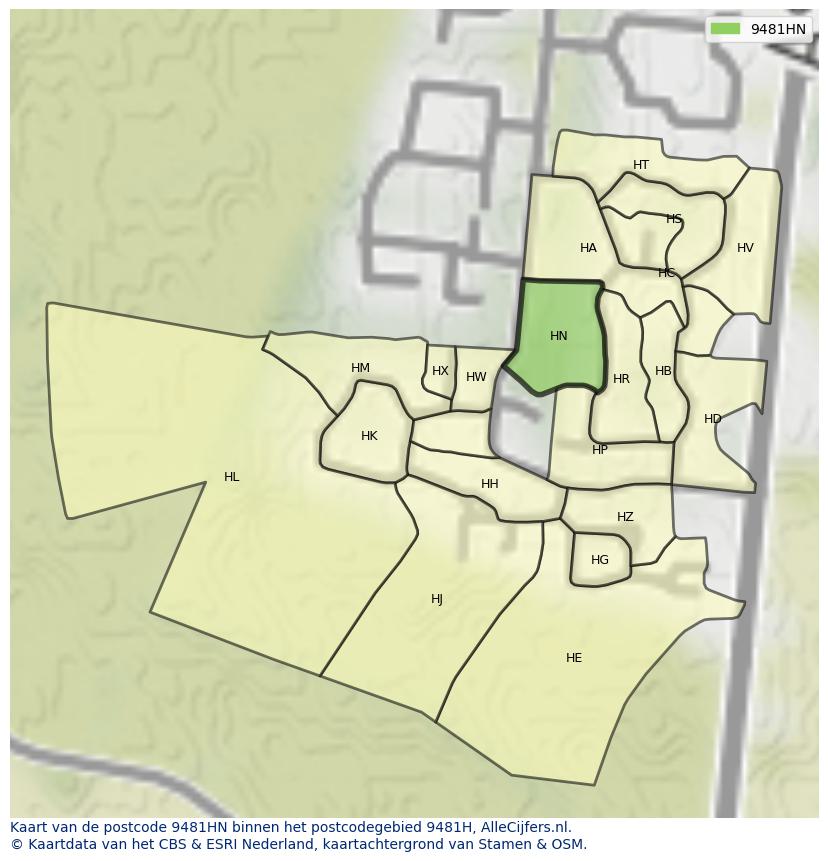 Afbeelding van het postcodegebied 9481 HN op de kaart.