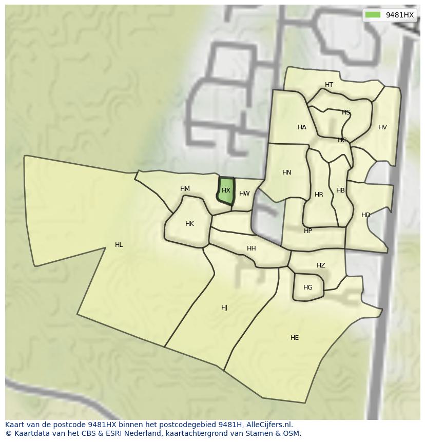 Afbeelding van het postcodegebied 9481 HX op de kaart.