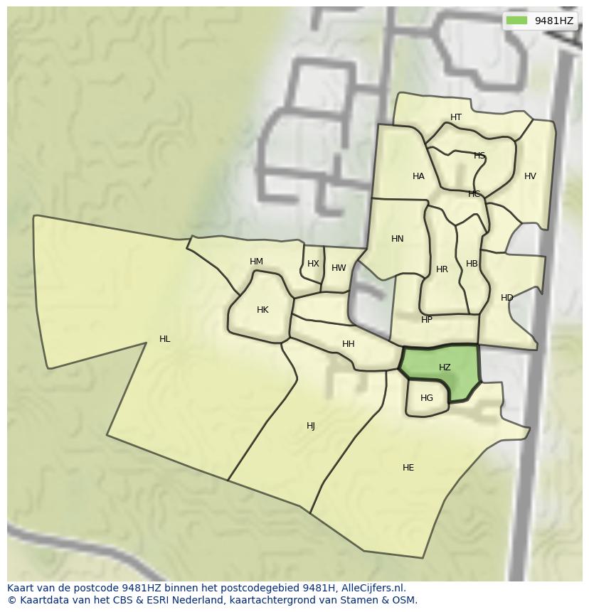 Afbeelding van het postcodegebied 9481 HZ op de kaart.