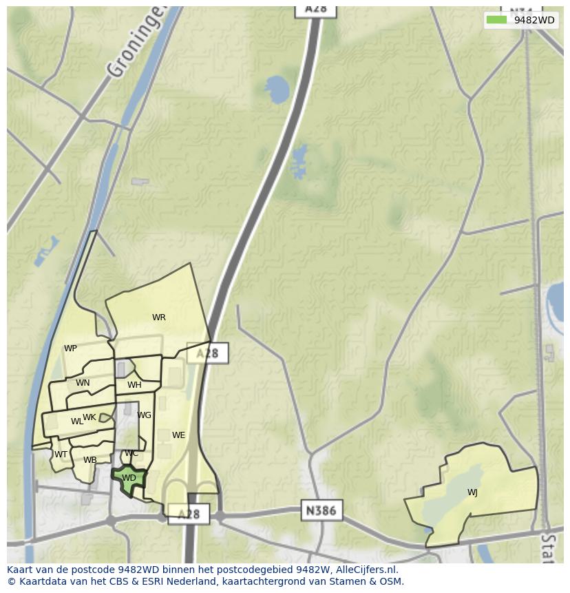 Afbeelding van het postcodegebied 9482 WD op de kaart.