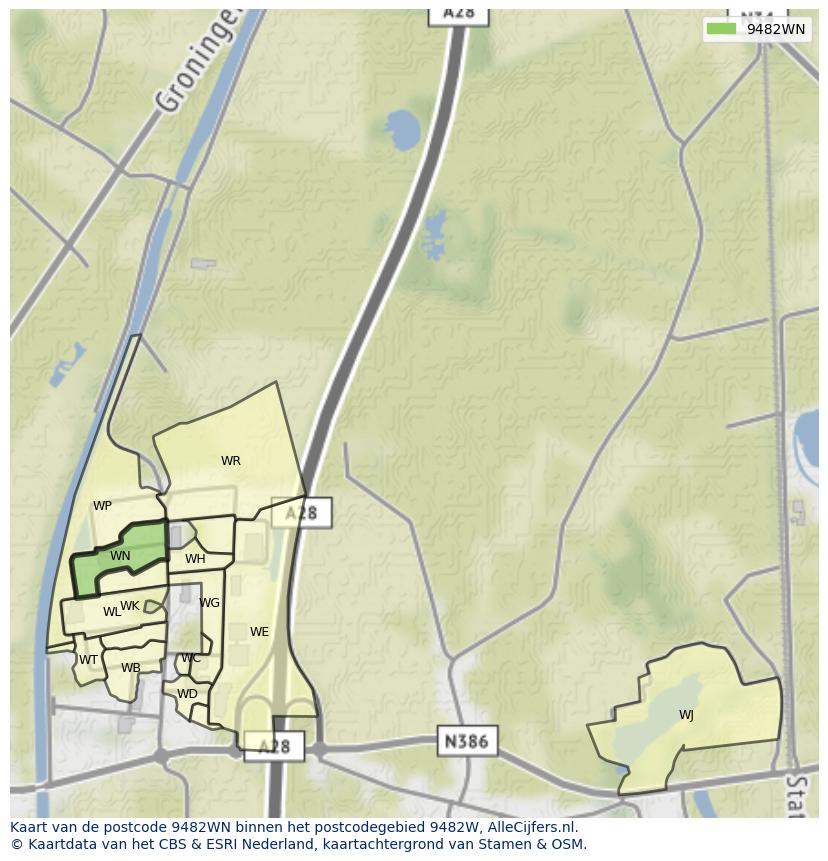 Afbeelding van het postcodegebied 9482 WN op de kaart.