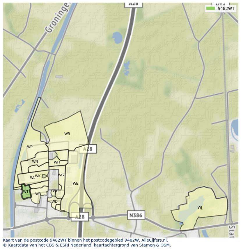 Afbeelding van het postcodegebied 9482 WT op de kaart.