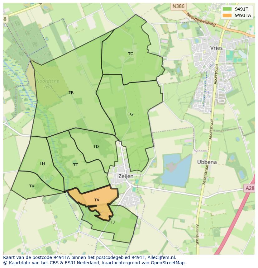 Afbeelding van het postcodegebied 9491 TA op de kaart.