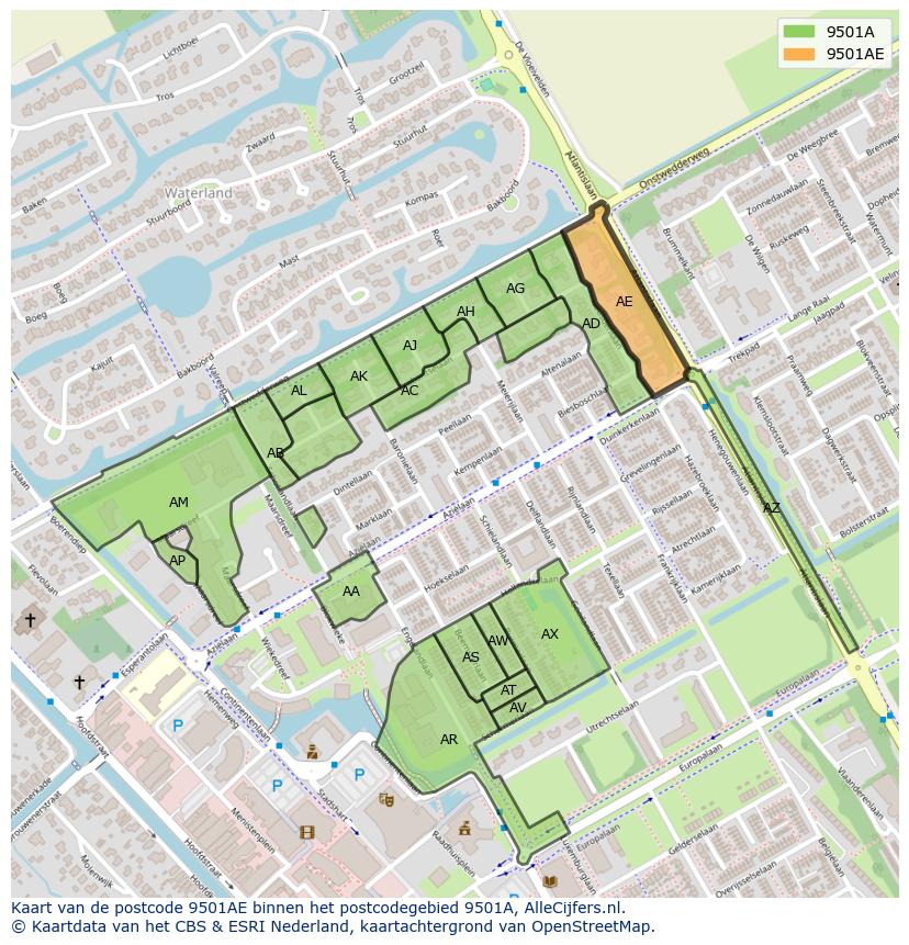 Afbeelding van het postcodegebied 9501 AE op de kaart.