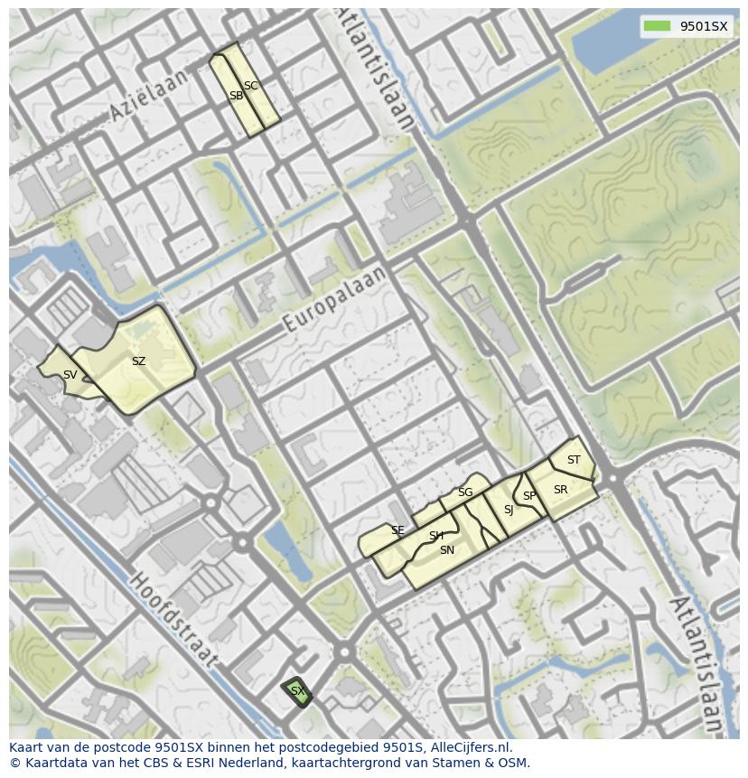 Afbeelding van het postcodegebied 9501 SX op de kaart.