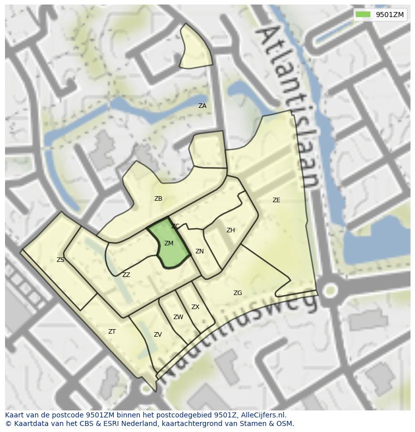 Afbeelding van het postcodegebied 9501 ZM op de kaart.