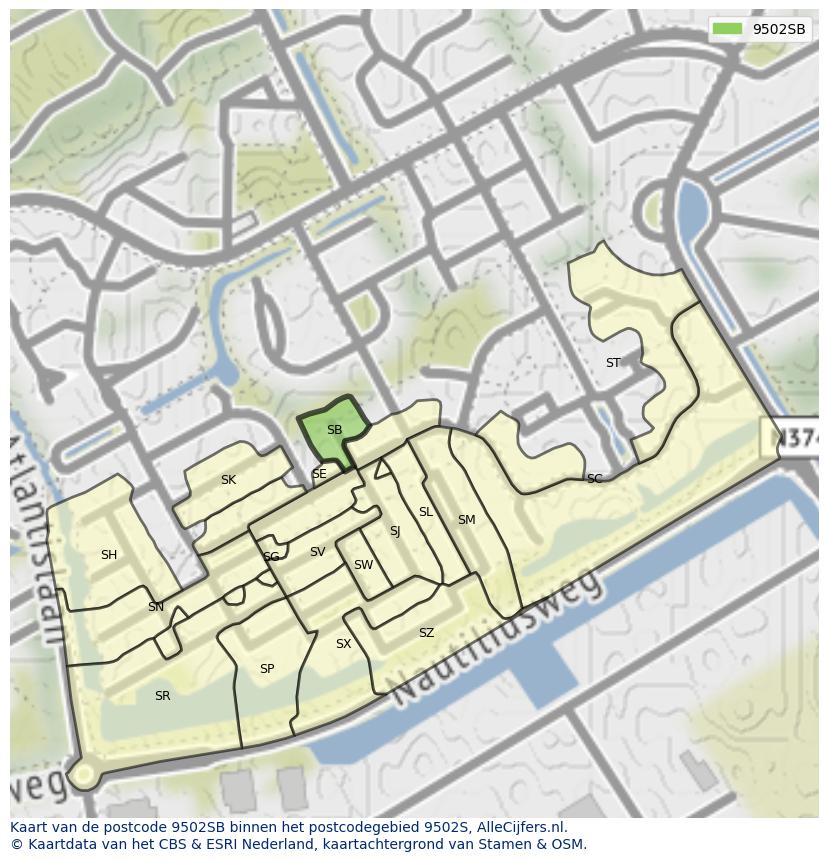 Afbeelding van het postcodegebied 9502 SB op de kaart.