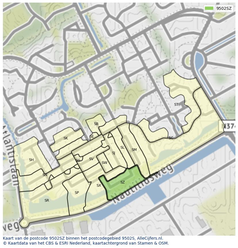 Afbeelding van het postcodegebied 9502 SZ op de kaart.