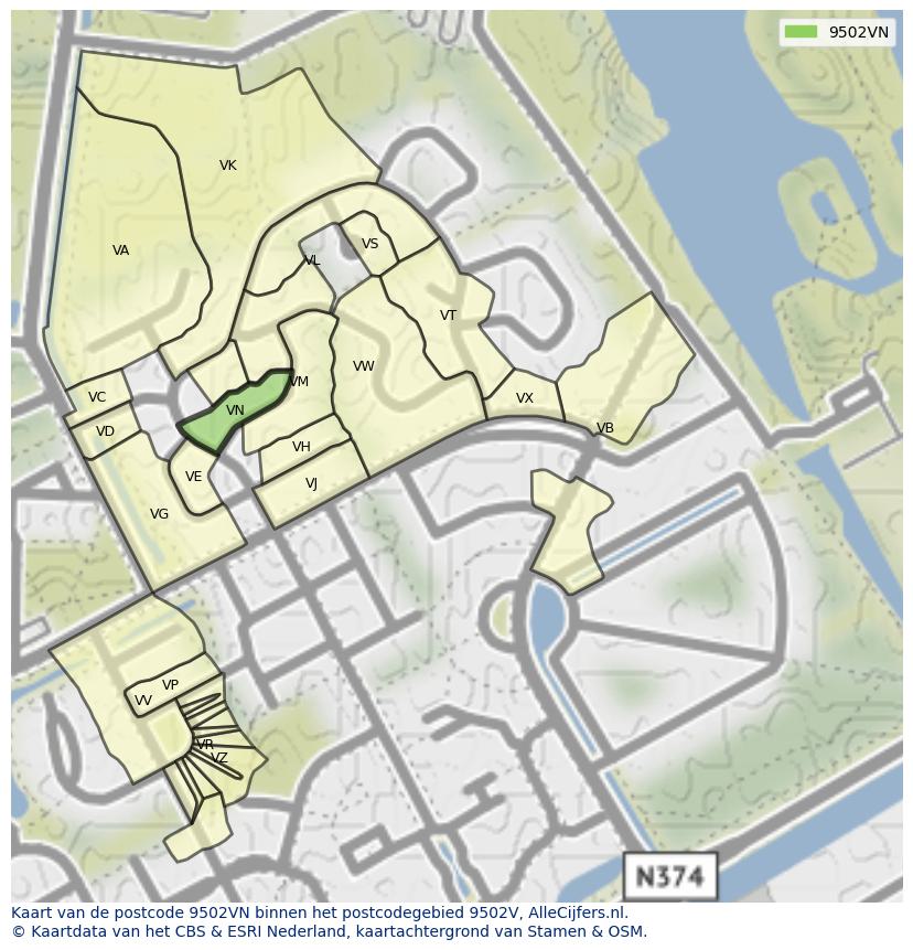 Afbeelding van het postcodegebied 9502 VN op de kaart.