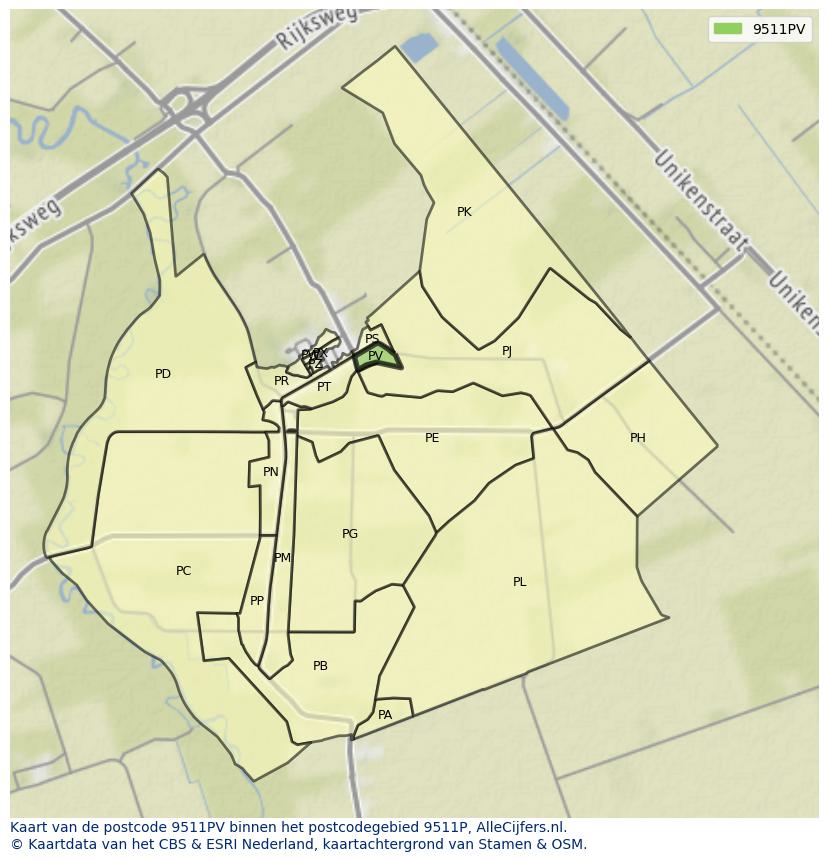 Afbeelding van het postcodegebied 9511 PV op de kaart.