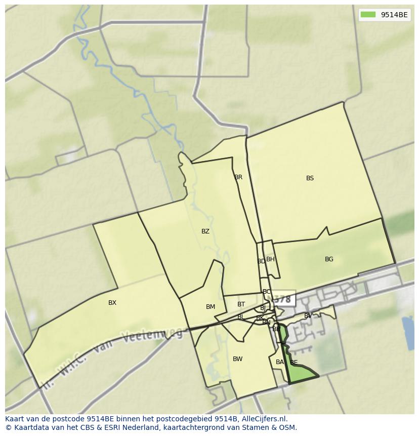 Afbeelding van het postcodegebied 9514 BE op de kaart.