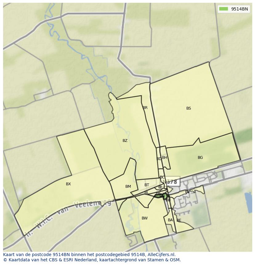 Afbeelding van het postcodegebied 9514 BN op de kaart.