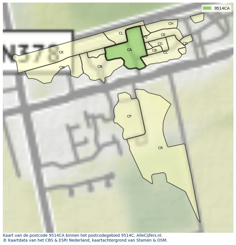 Afbeelding van het postcodegebied 9514 CA op de kaart.