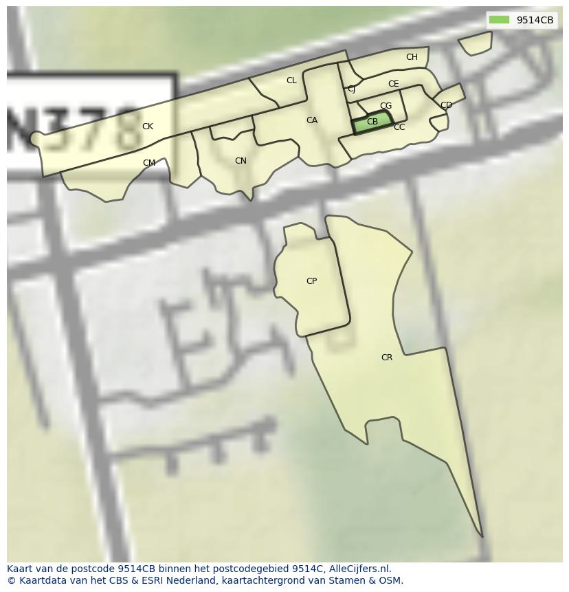 Afbeelding van het postcodegebied 9514 CB op de kaart.