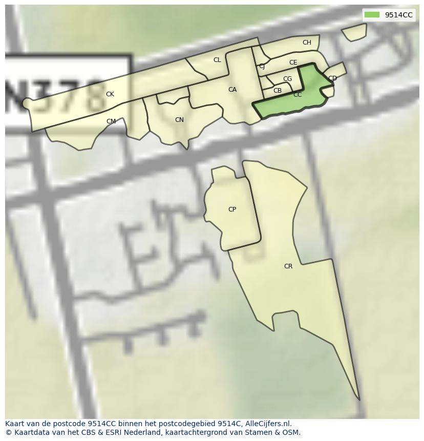 Afbeelding van het postcodegebied 9514 CC op de kaart.