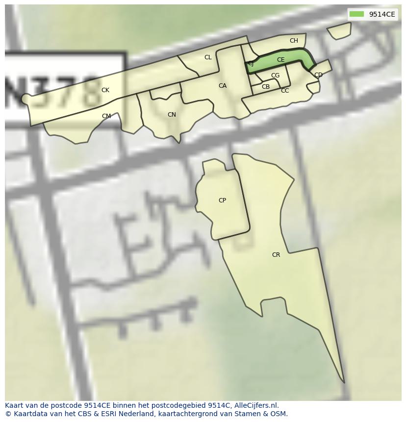 Afbeelding van het postcodegebied 9514 CE op de kaart.