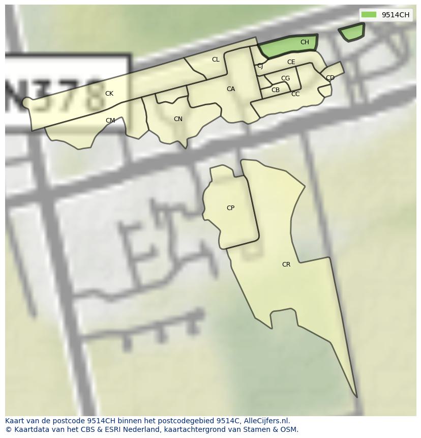 Afbeelding van het postcodegebied 9514 CH op de kaart.