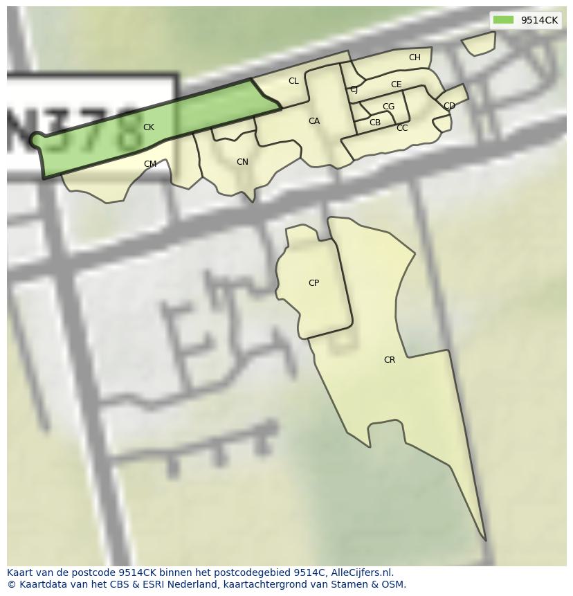 Afbeelding van het postcodegebied 9514 CK op de kaart.