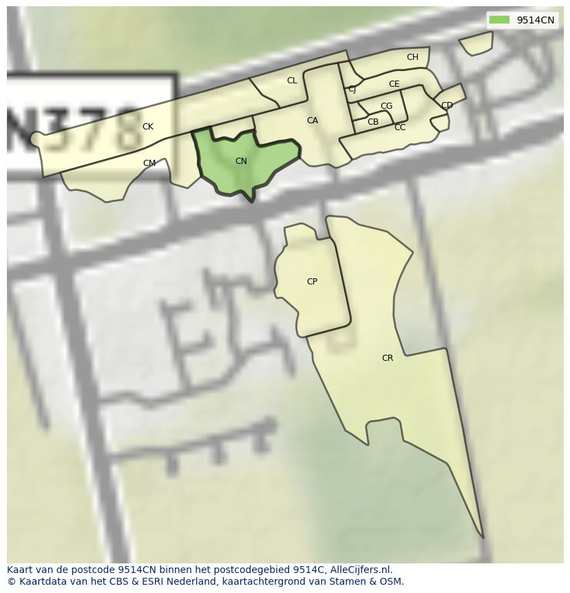 Afbeelding van het postcodegebied 9514 CN op de kaart.
