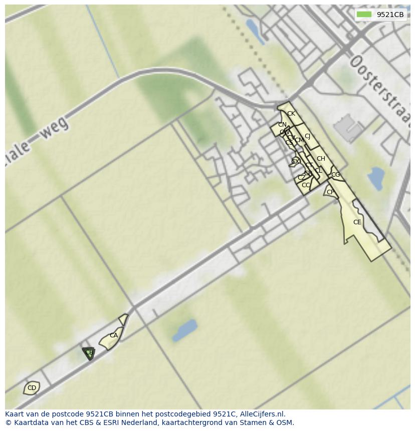 Afbeelding van het postcodegebied 9521 CB op de kaart.