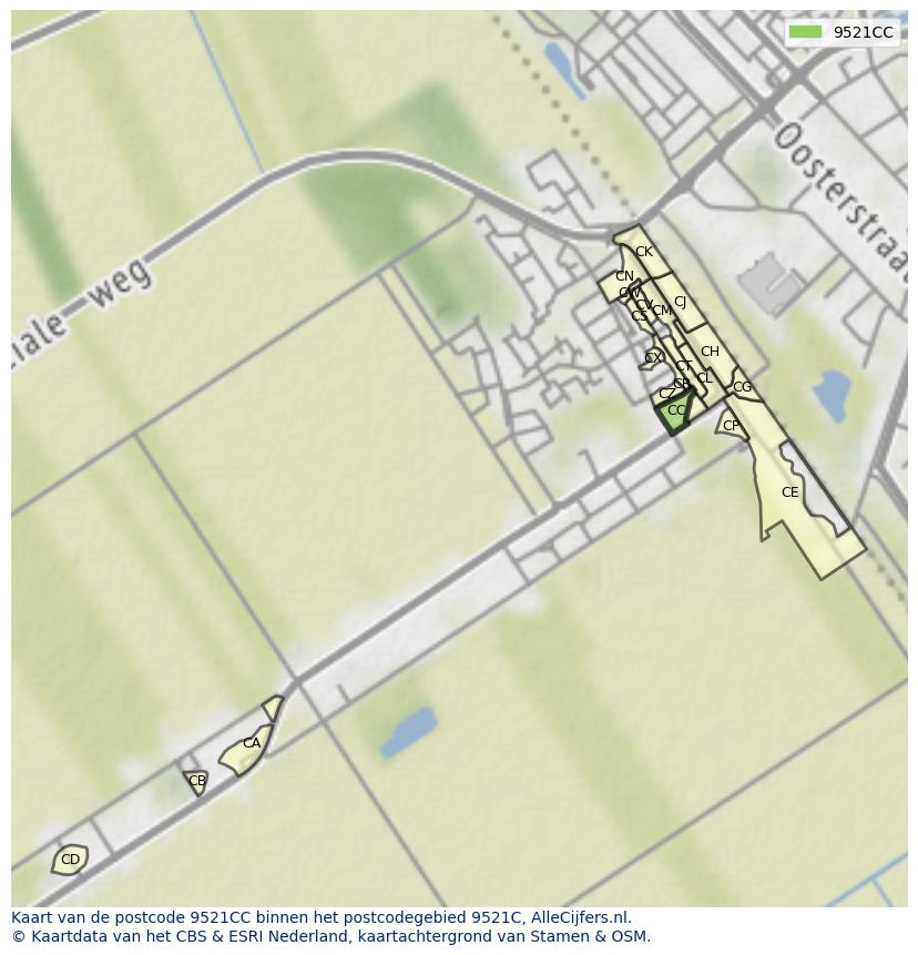 Afbeelding van het postcodegebied 9521 CC op de kaart.