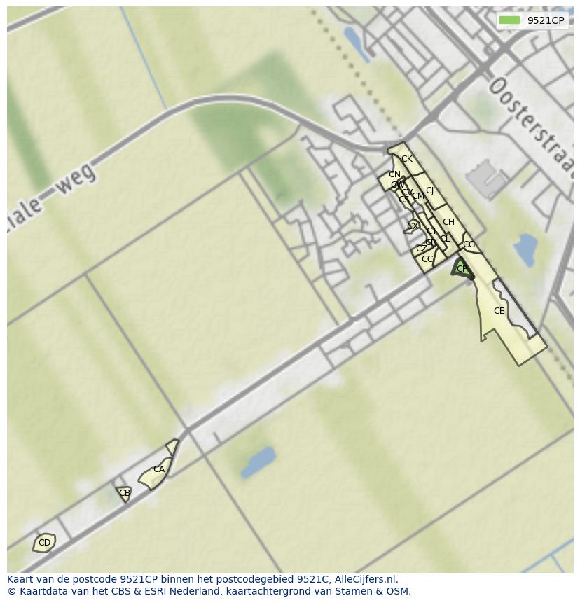 Afbeelding van het postcodegebied 9521 CP op de kaart.