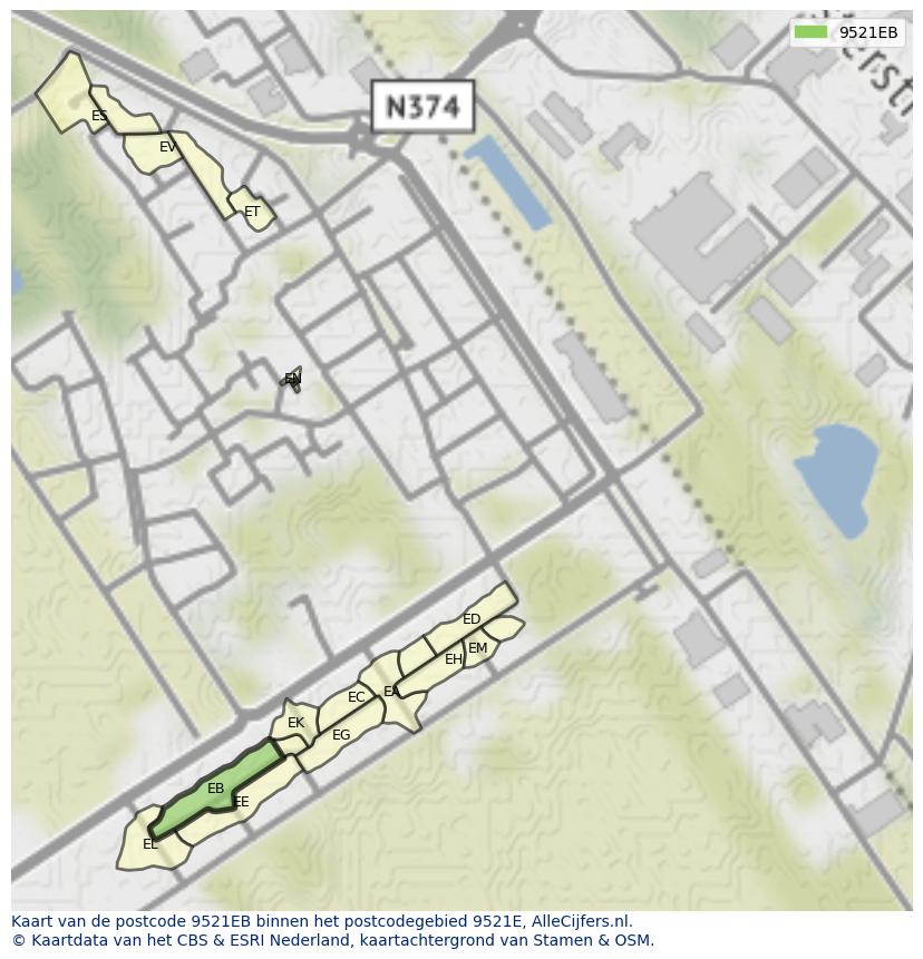 Afbeelding van het postcodegebied 9521 EB op de kaart.