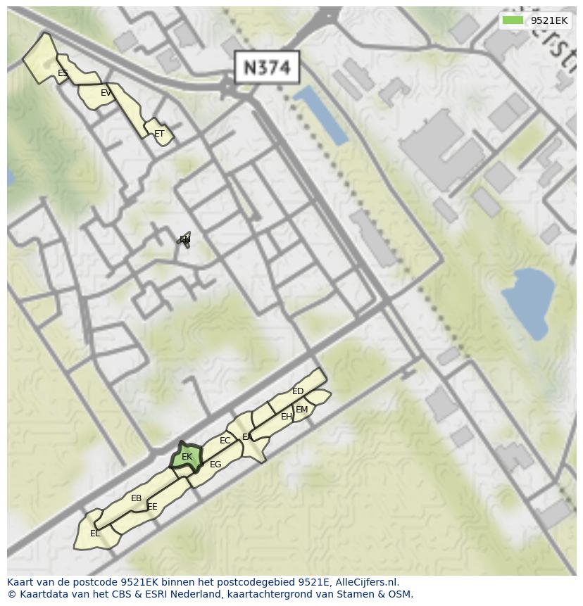Afbeelding van het postcodegebied 9521 EK op de kaart.