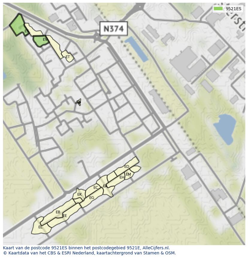Afbeelding van het postcodegebied 9521 ES op de kaart.