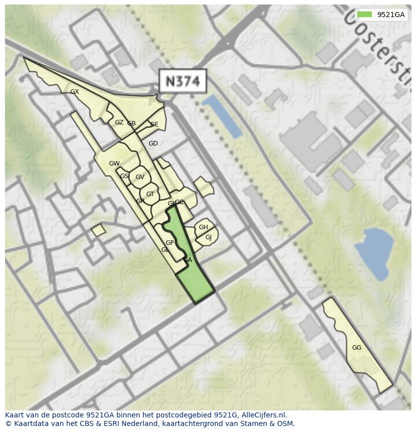Afbeelding van het postcodegebied 9521 GA op de kaart.