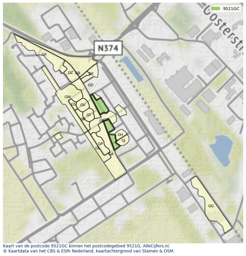 Afbeelding van het postcodegebied 9521 GC op de kaart.