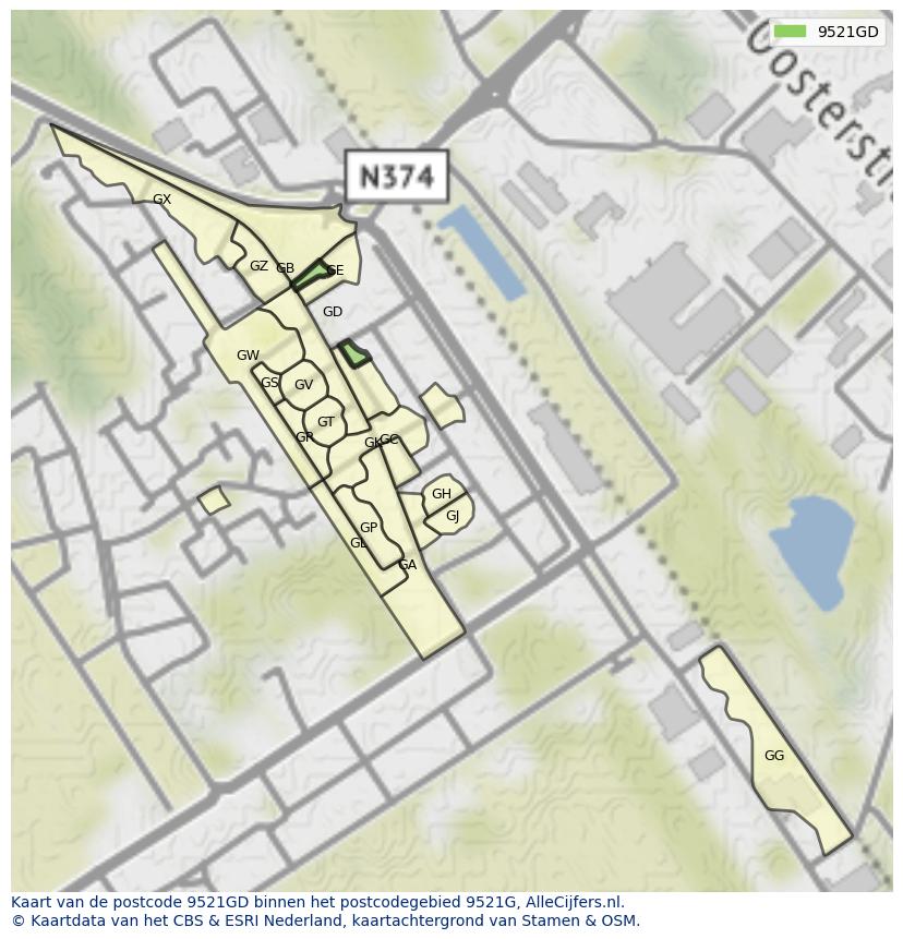 Afbeelding van het postcodegebied 9521 GD op de kaart.