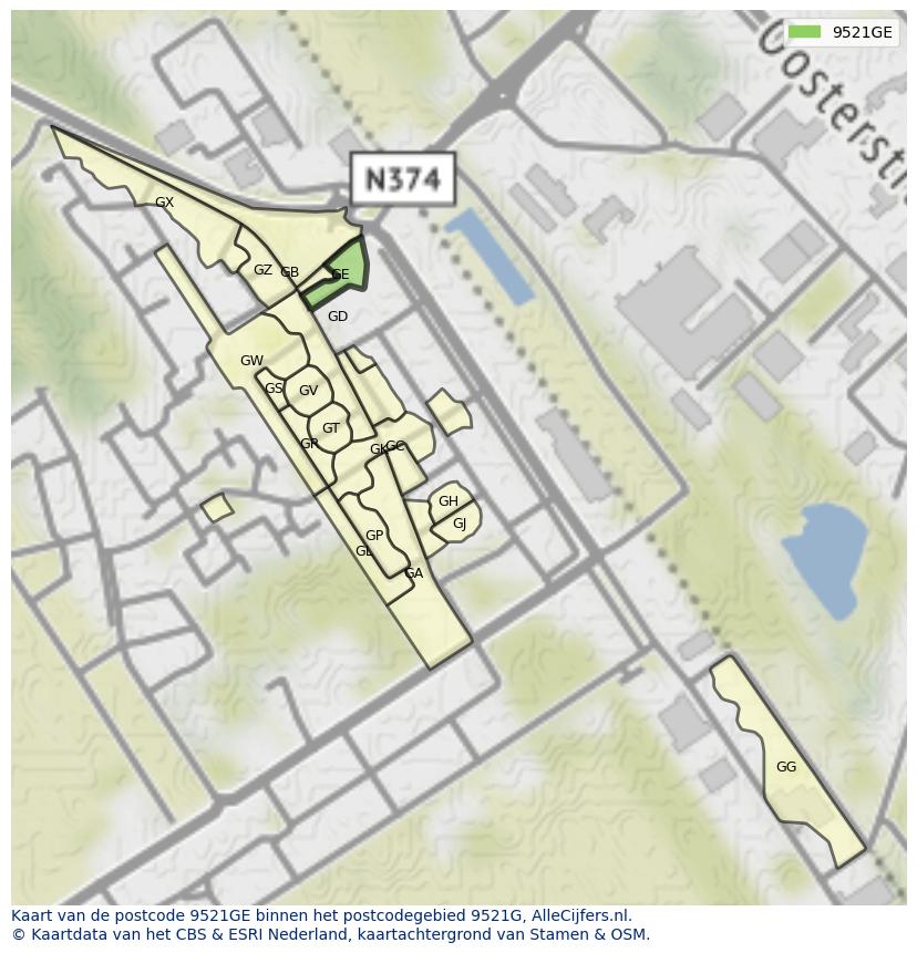 Afbeelding van het postcodegebied 9521 GE op de kaart.