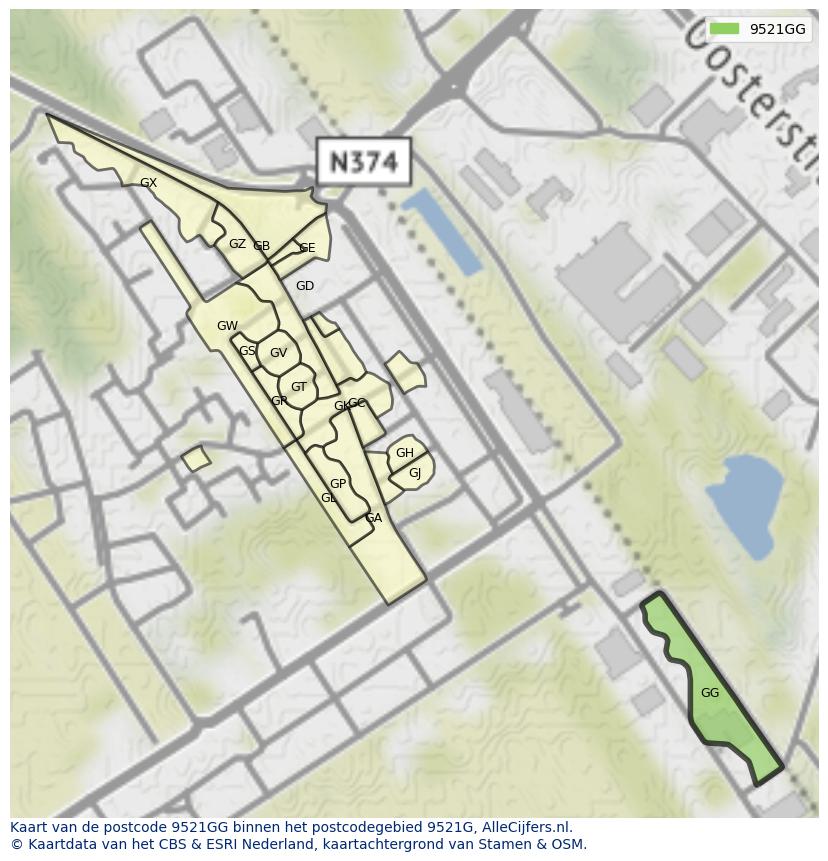 Afbeelding van het postcodegebied 9521 GG op de kaart.