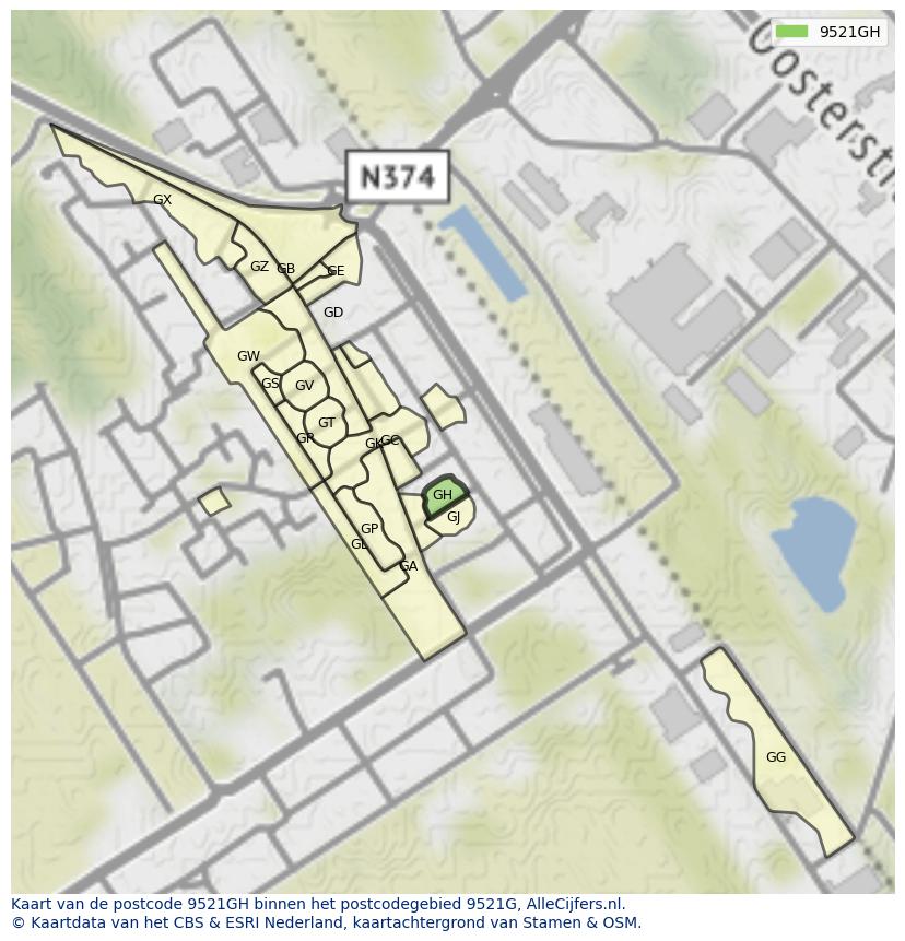 Afbeelding van het postcodegebied 9521 GH op de kaart.