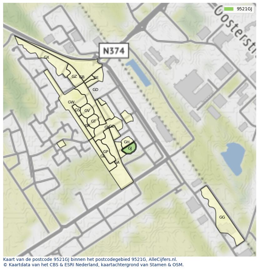 Afbeelding van het postcodegebied 9521 GJ op de kaart.