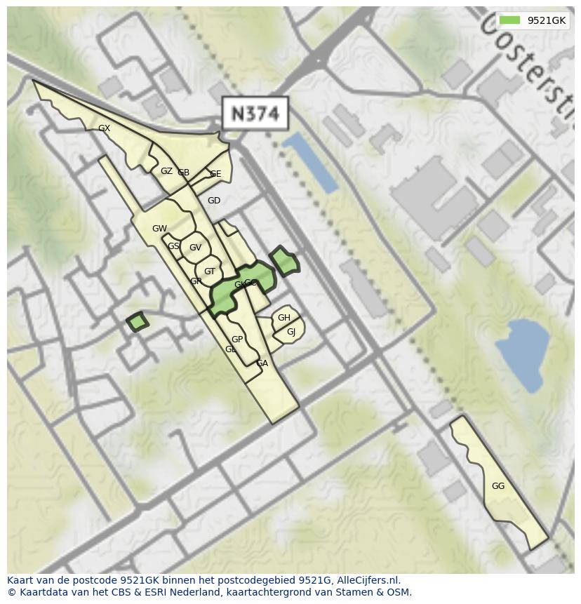 Afbeelding van het postcodegebied 9521 GK op de kaart.