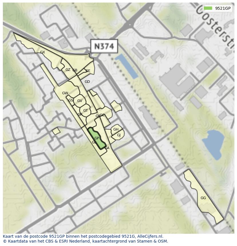 Afbeelding van het postcodegebied 9521 GP op de kaart.