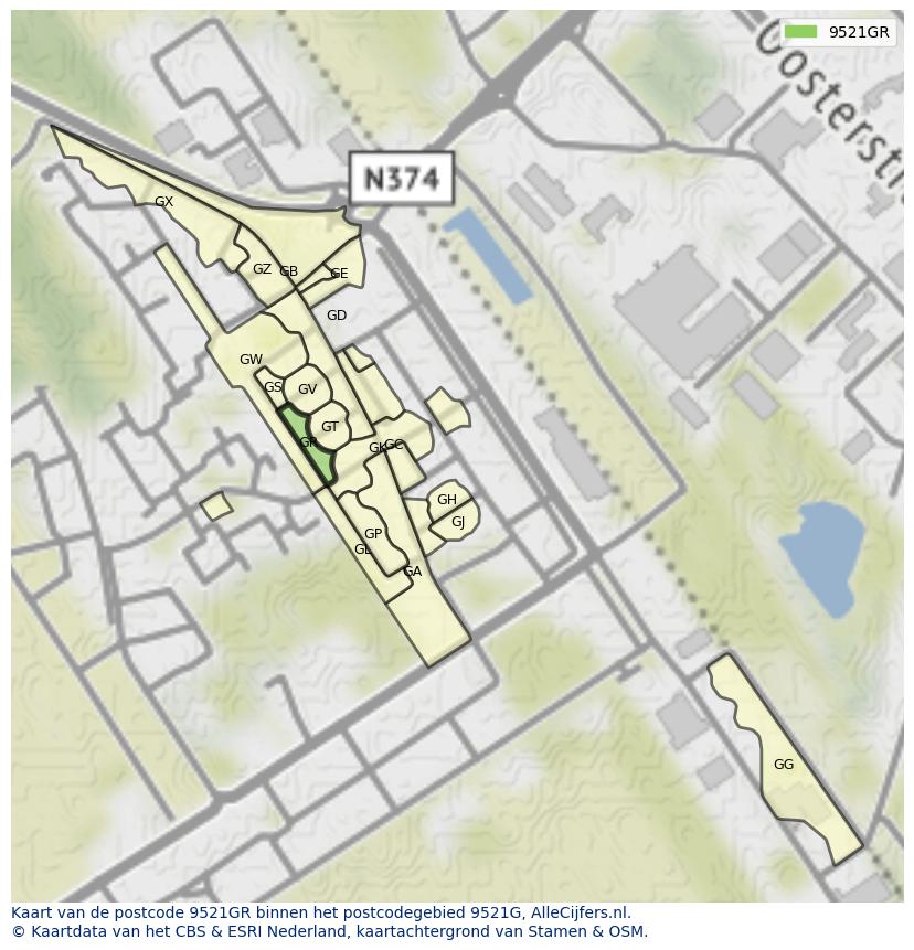 Afbeelding van het postcodegebied 9521 GR op de kaart.