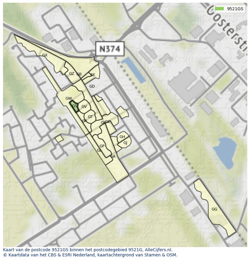 Afbeelding van het postcodegebied 9521 GS op de kaart.