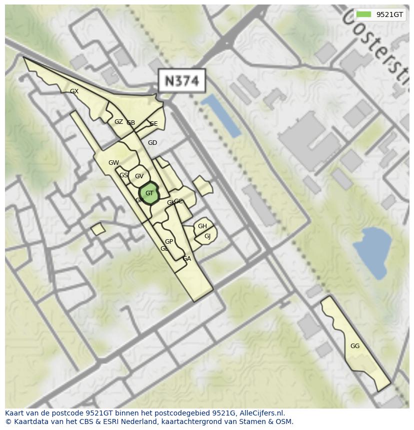 Afbeelding van het postcodegebied 9521 GT op de kaart.