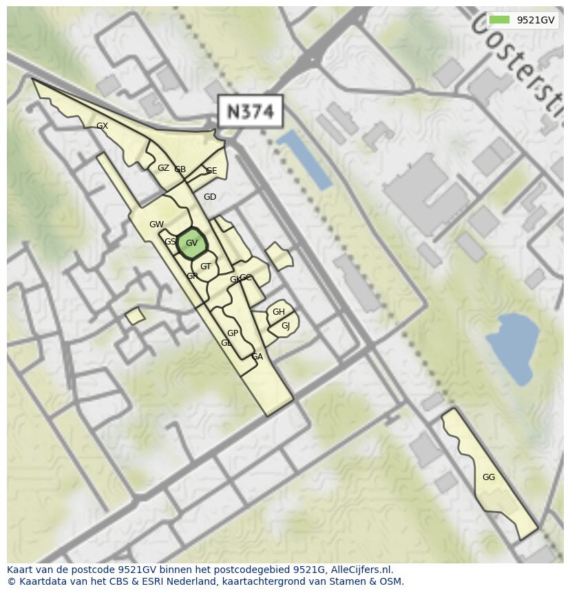 Afbeelding van het postcodegebied 9521 GV op de kaart.