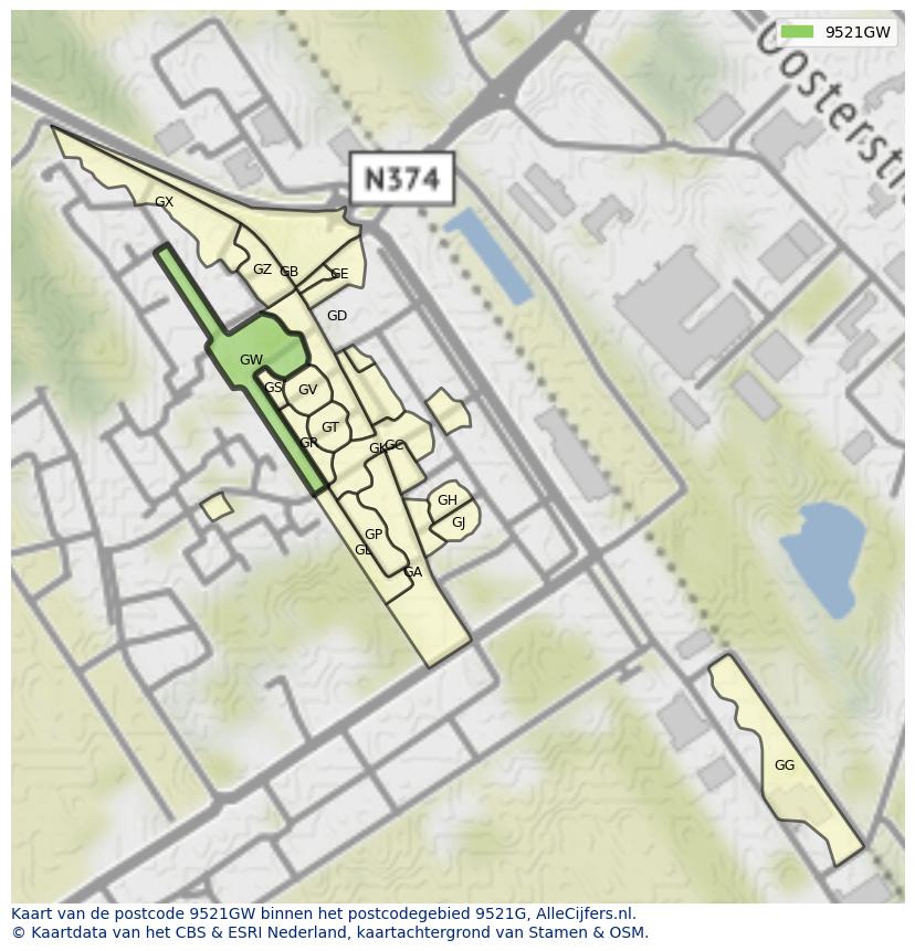 Afbeelding van het postcodegebied 9521 GW op de kaart.