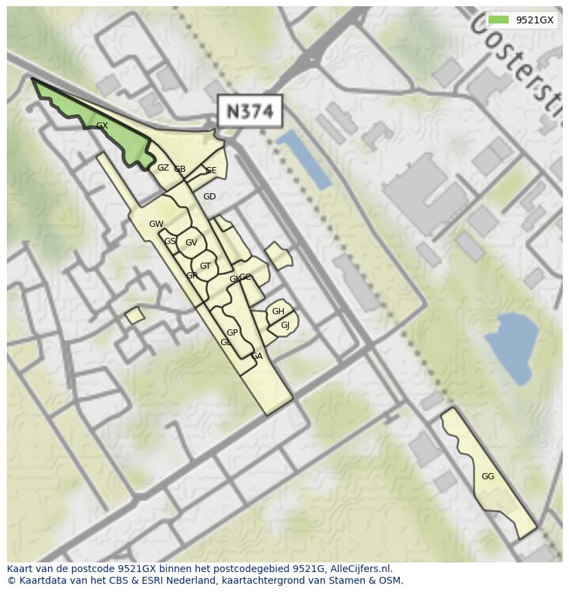 Afbeelding van het postcodegebied 9521 GX op de kaart.